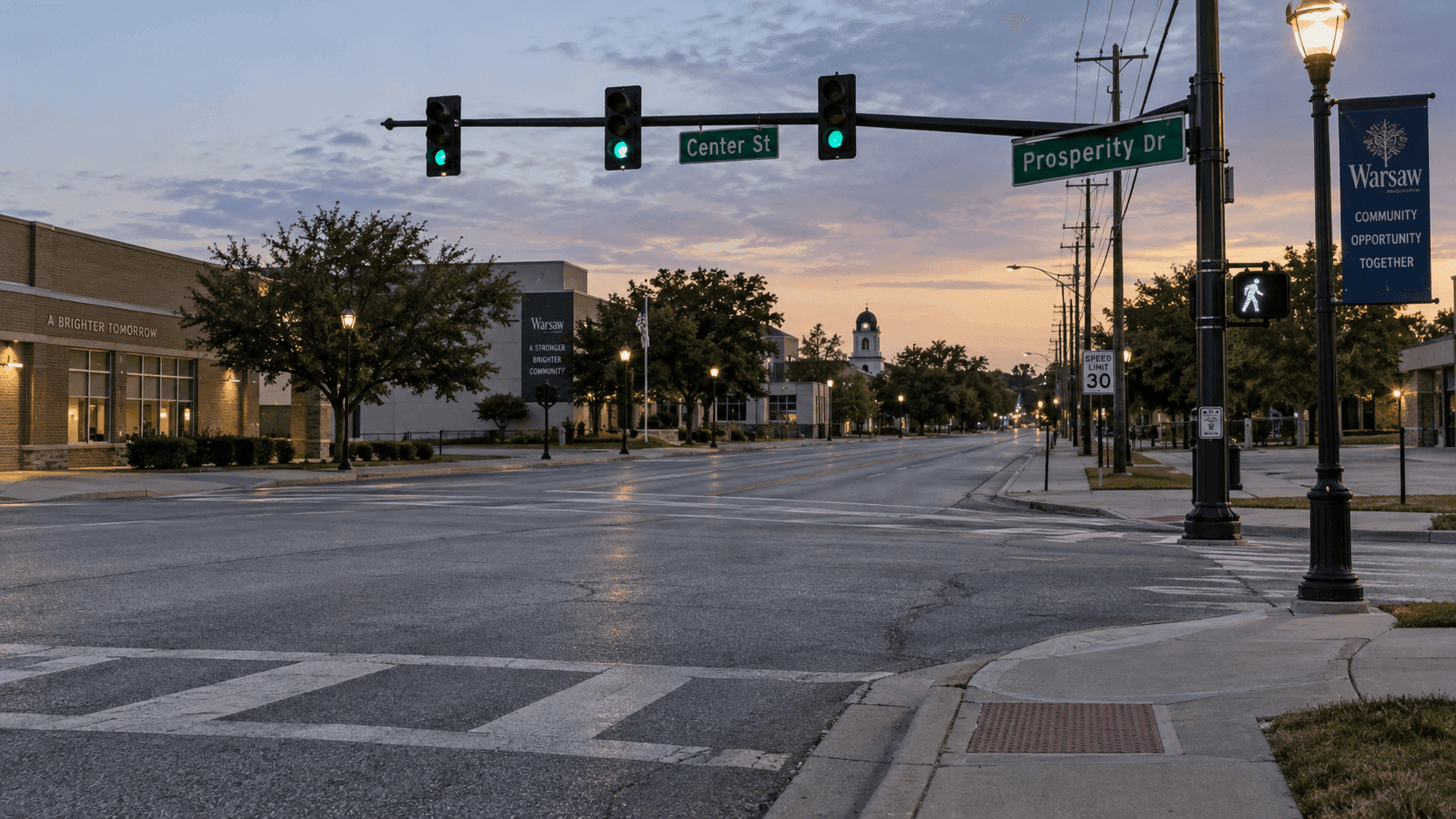 Center Street and Prosperity Drive intersection setting in Warsaw, Kosciusko County, where a pedestrian crash was reported.