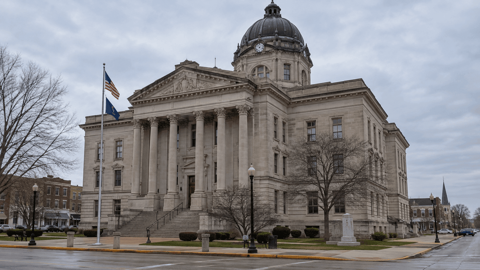 County courthouse exterior in LaPorte County, where a judge denied a change-of-venue request in the deputy shooting case.