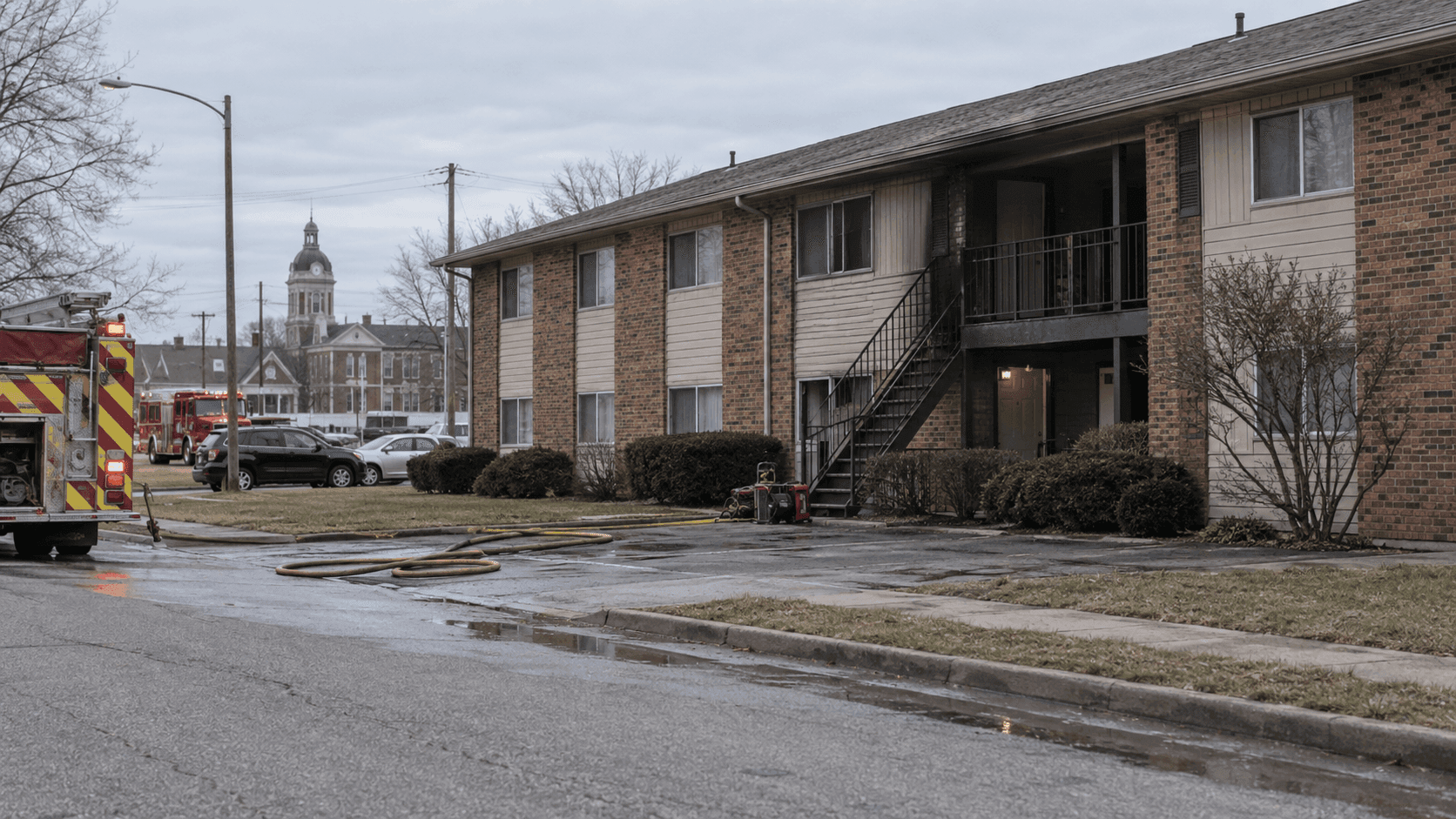 Exterior de un complejo de apartamentos en South A Street en Richmond, Wayne County, que representa el lugar del incendio reportado en un apartamento.