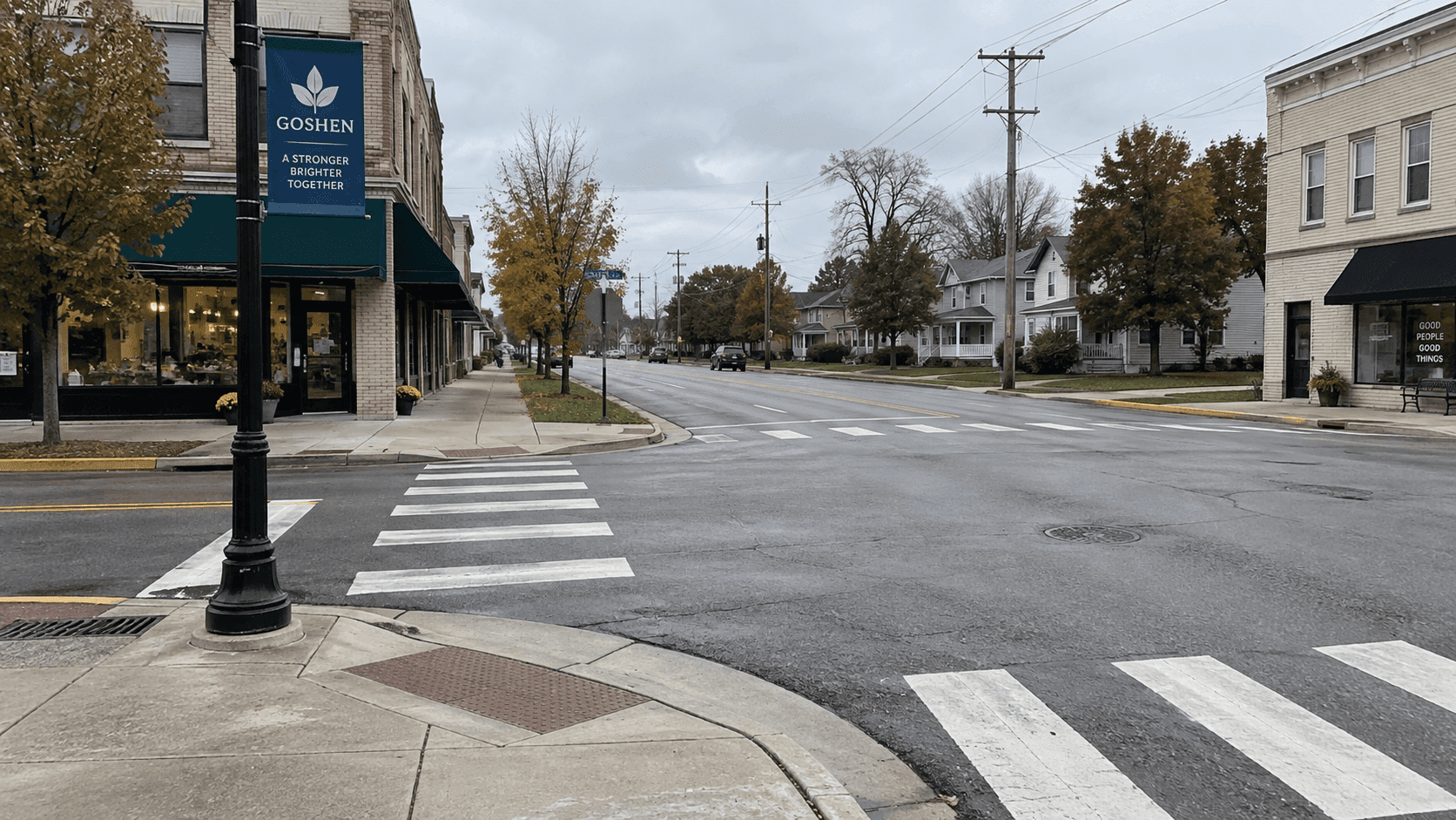 Street and crosswalk setting in Goshen, Indiana, illustrating the location context of a South Main Street bicycle crash.