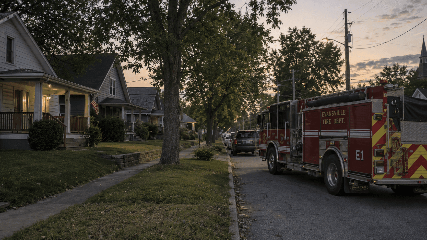 Residential street and fire department response setting in Evansville, Indiana, providing context for the East Delaware Street house fire.