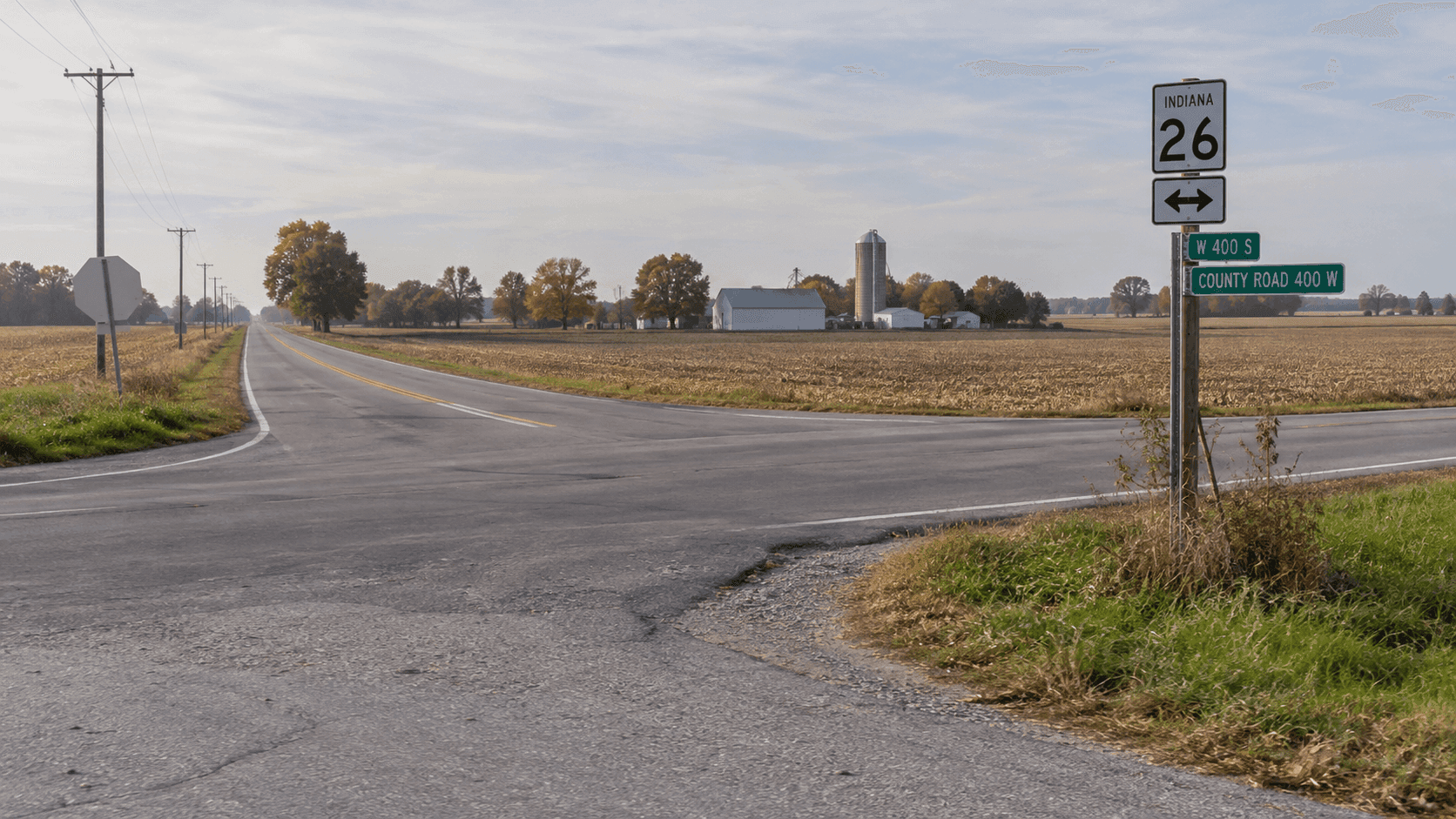 State Road 26 y County Road 400 West en una zona rural de Grant County, la intersección donde se informó un choque mortal de motocicleta.