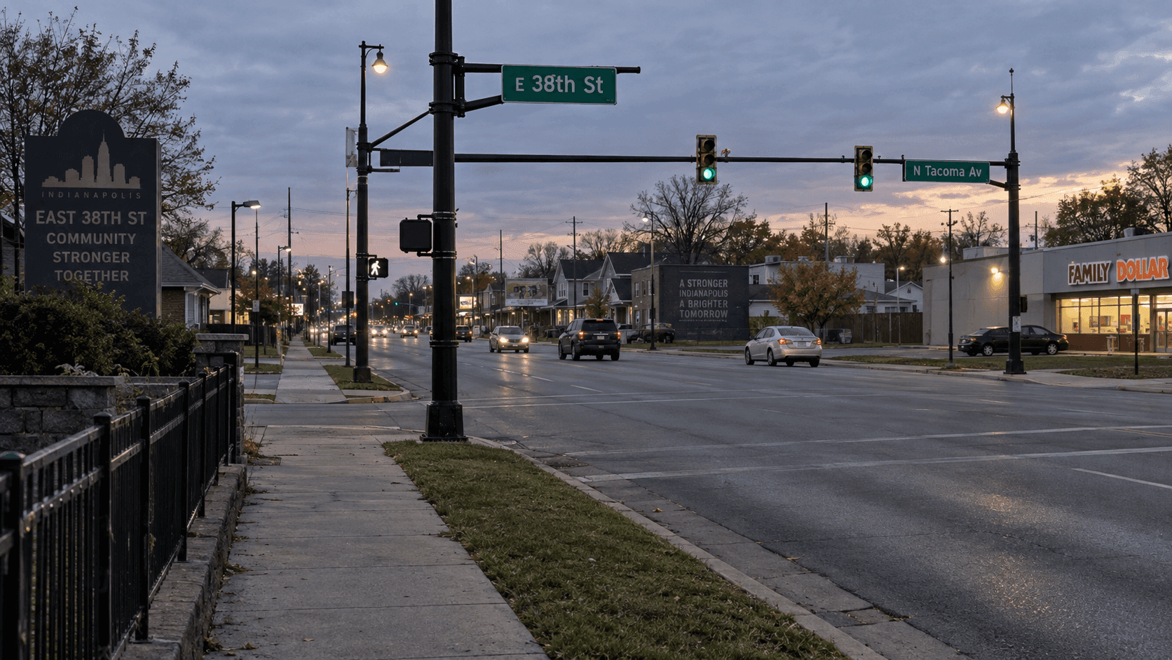 Urban roadway near East 38th Street and North Tacoma Avenue in Indianapolis, where a pedestrian was critically hurt.