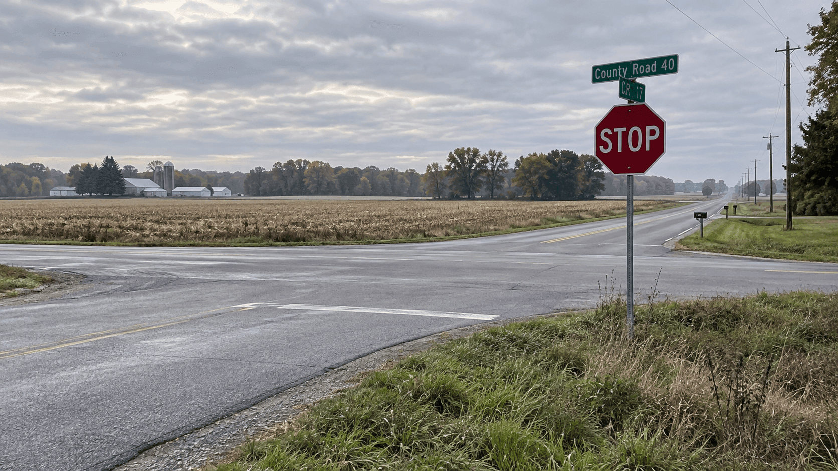 Rural intersection at County Road 11 and County Road 32 in the Goshen area of Elkhart County, where a dump truck and SUV crash was reported.