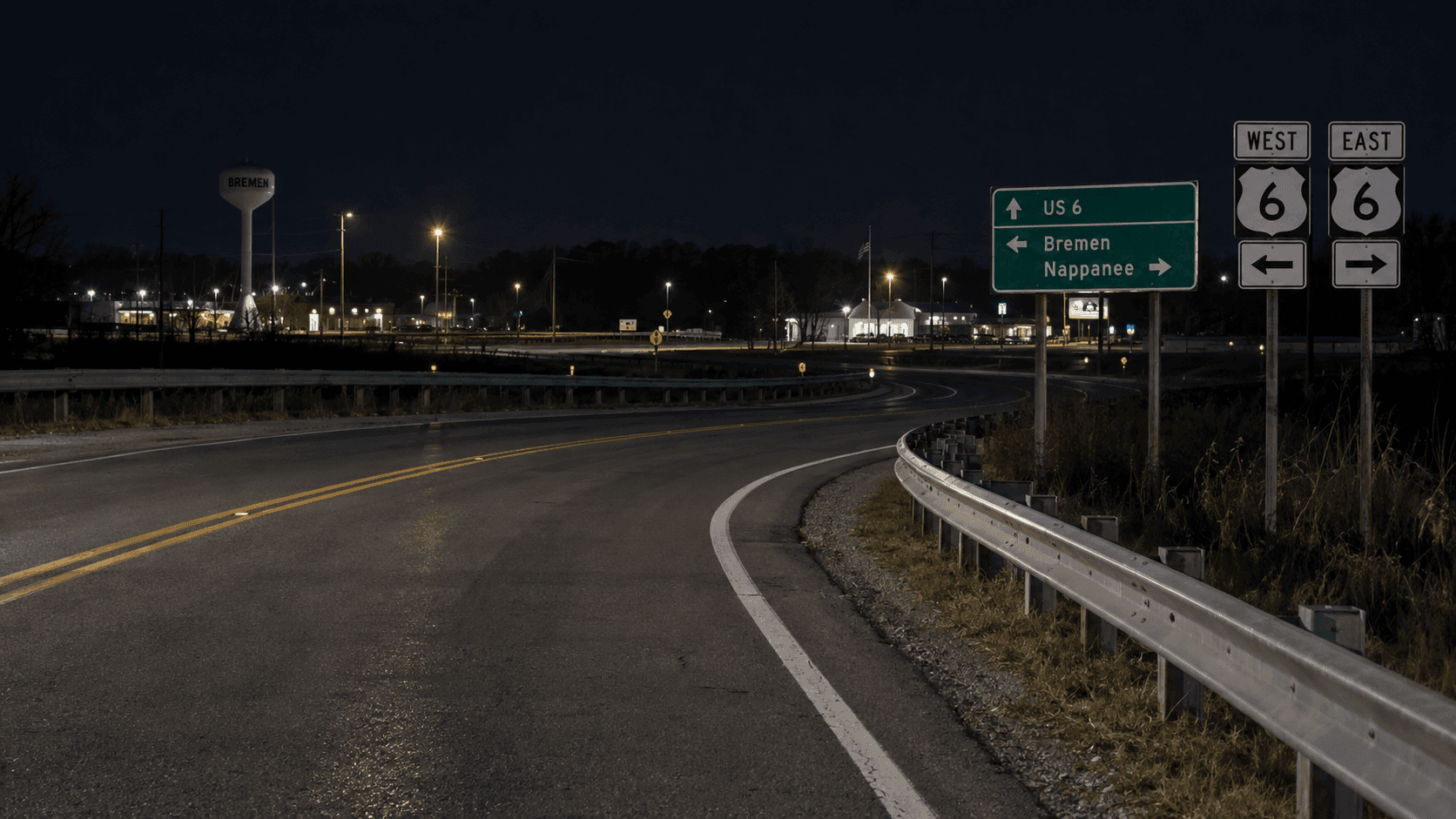 State Road 106 forma una curva cerca de US 6 en Bremen, Marshall County, donde se informó de un choque de motocicleta contra una barrera de protección.