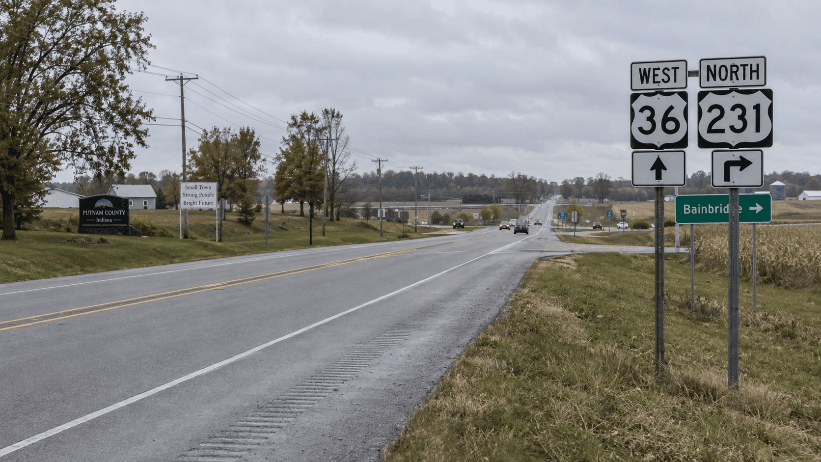 US 36 near US 231 outside Bainbridge in Putnam County, where a fatal four-vehicle crash involving a semi was reported.
