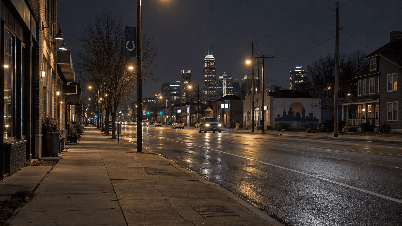 Nighttime view of West Michigan Street on Indianapolis' west side, where police are investigating a fatal bicycle hit-and-run.