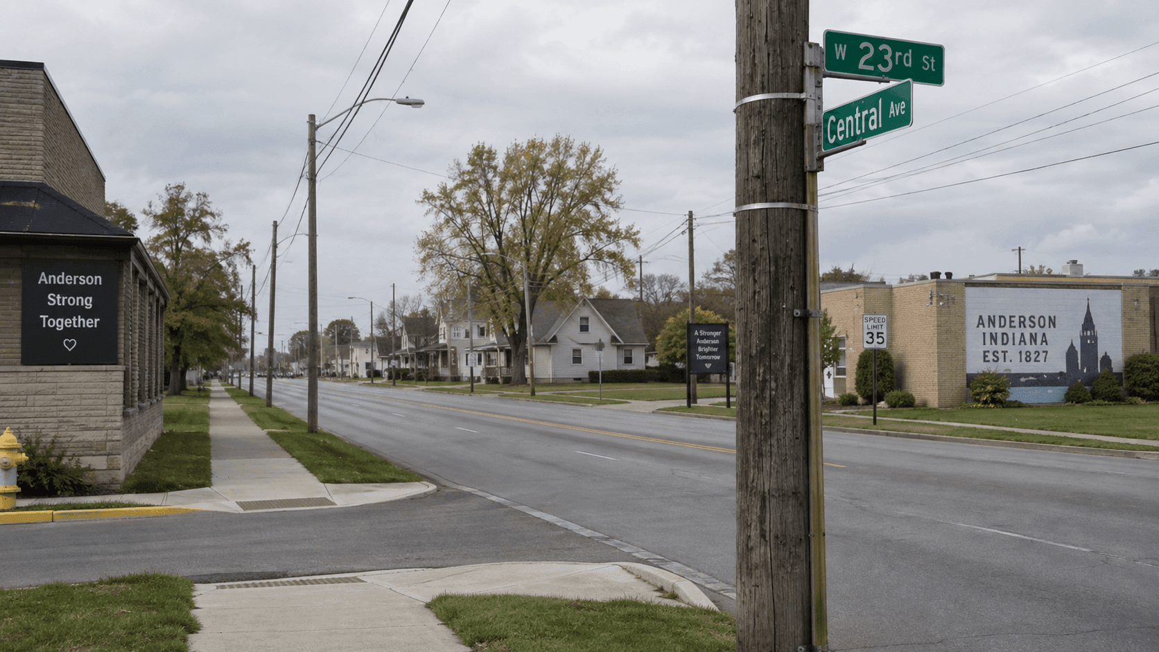 Daytime roadway near 23rd Street and Central Avenue in Anderson, Madison County, where a crash reportedly injured two children.