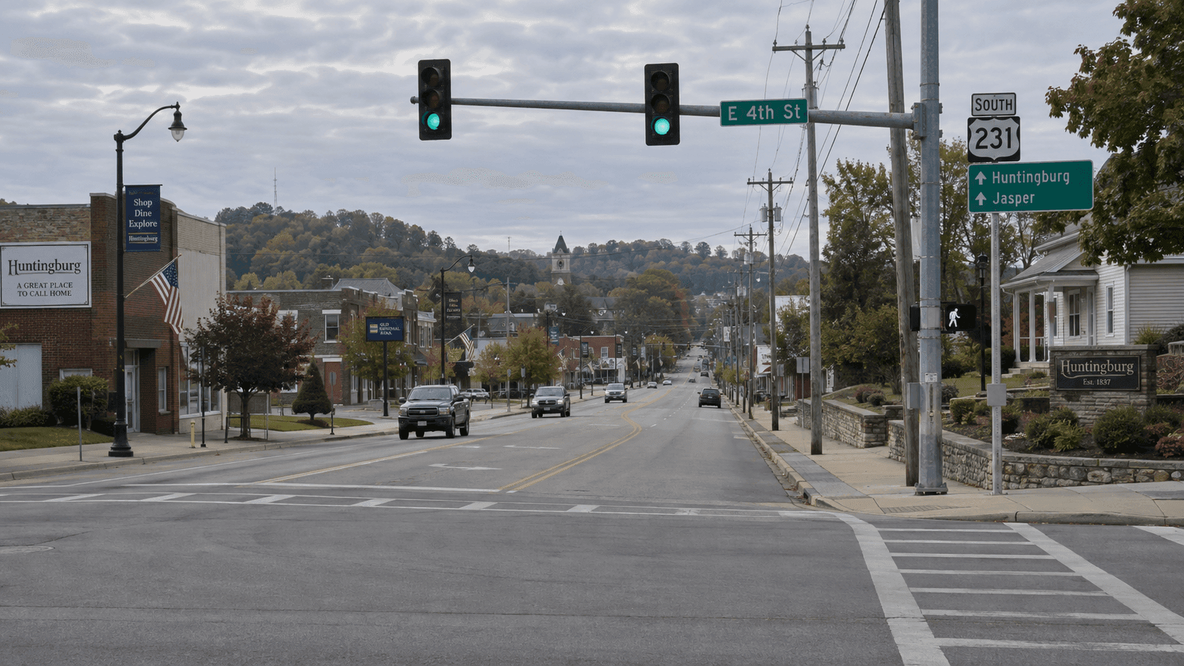 Main Street, U.S. 231, and 19th Street intersection in Huntingburg, Dubois County, where a fatal two-pickup crash was reported.