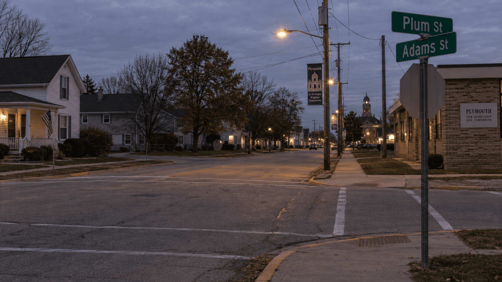 Street intersection in Plymouth, Marshall County, representing the area near Plum and Adams streets where a scooter crash was reported.