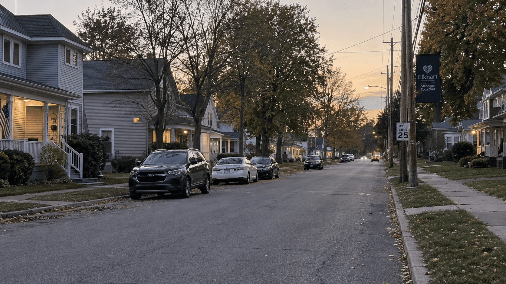 Residential section of W. Franklin Street in Elkhart, Indiana, where investigators reported a police vehicle crash involving distraction.