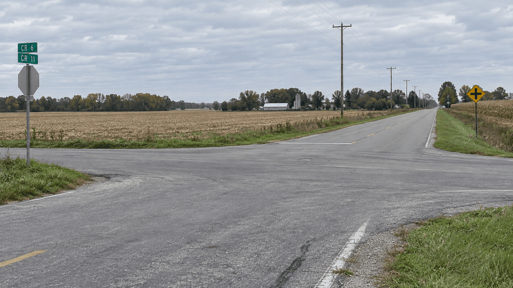 Rural county road intersection in Elkhart County, Indiana, representing the location context for the 2022 fatal crash verdict.