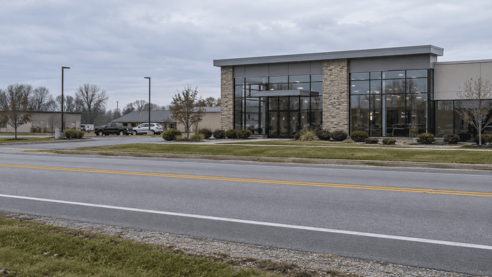 Commercial buildings along Highway 62 in Boonville, Warrick County, providing context for a reported van crash into a building.