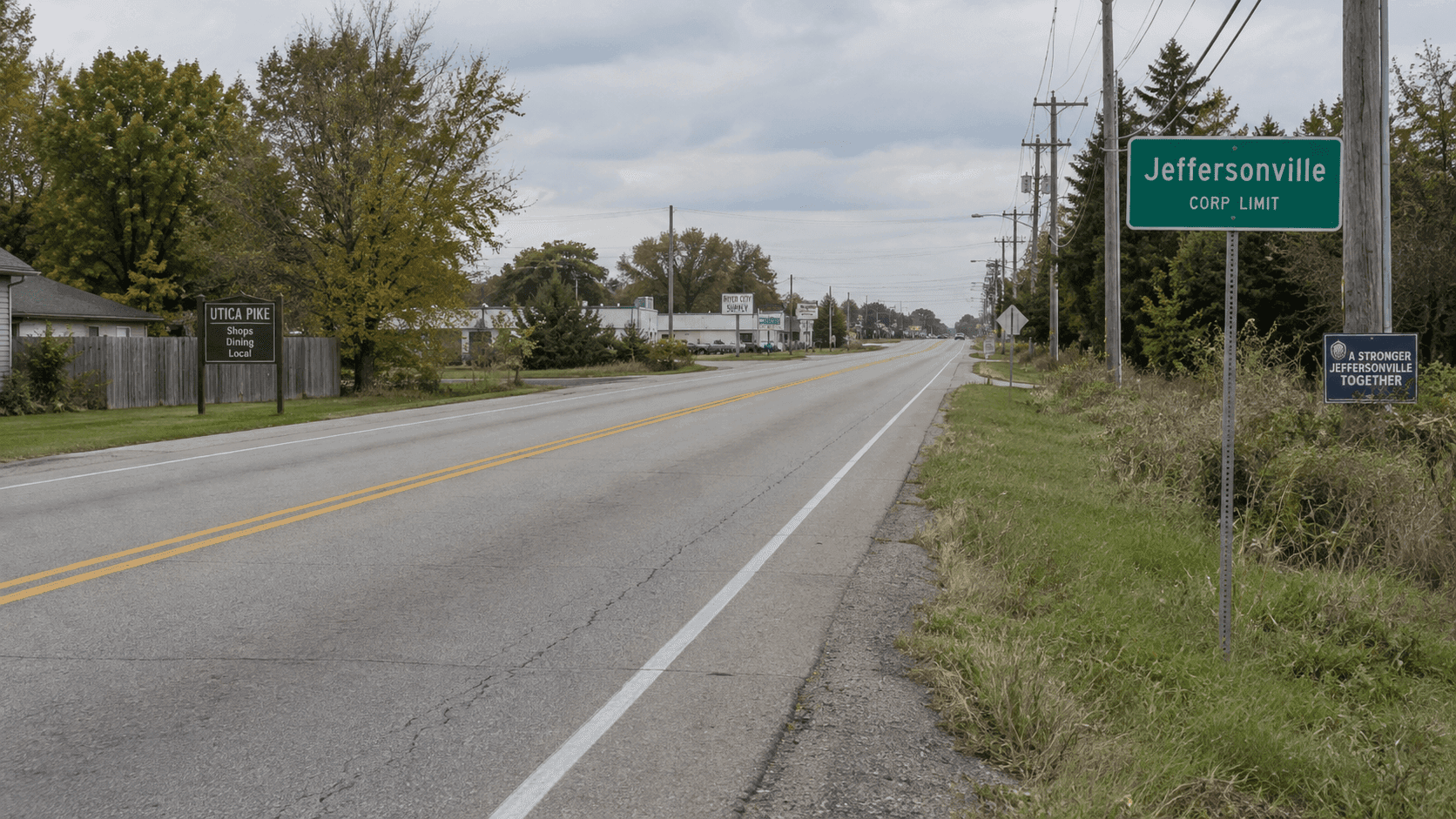 Utica Pike near Jeffersonville, Indiana, where an e-bike rider was reportedly injured after being hit by a car.
