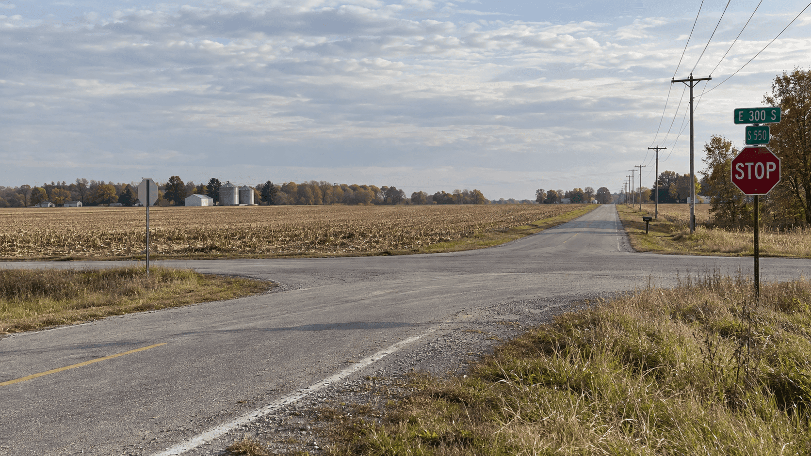 Rural intersection of County Road 300 East and County Road 550 South east of Star City in Pulaski County, where two loaded grain semis collided.