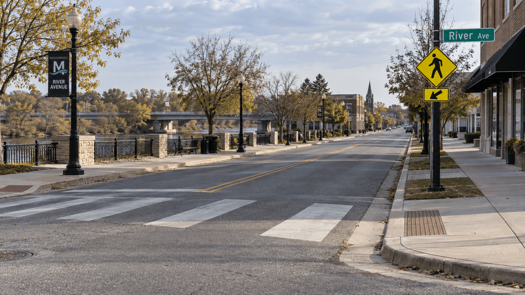 River Avenue streetscape in Mishawaka, St. Joseph County, where a pedestrian hit-and-run was reported.