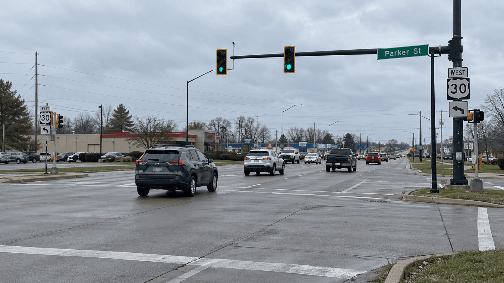 U.S. 30 and Parker Street intersection in Warsaw, Kosciusko County, where a rear-end crash was reported.