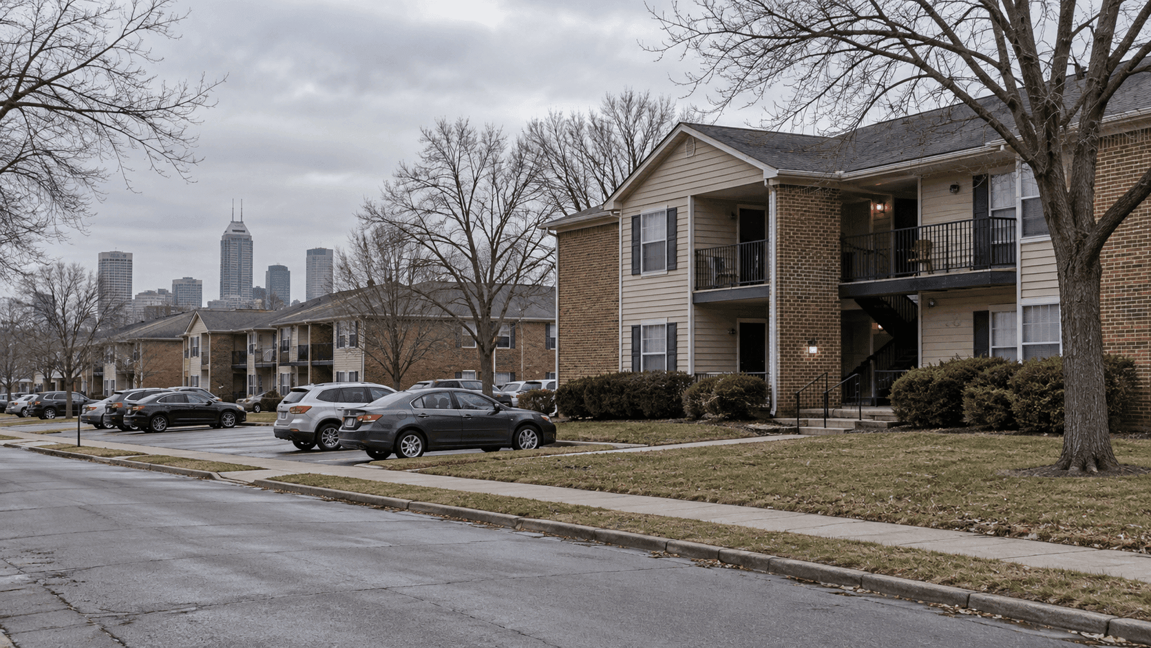 Apartment complex exterior in Indianapolis representing the Renn Lane location of a fatal shooting investigation in Marion County.