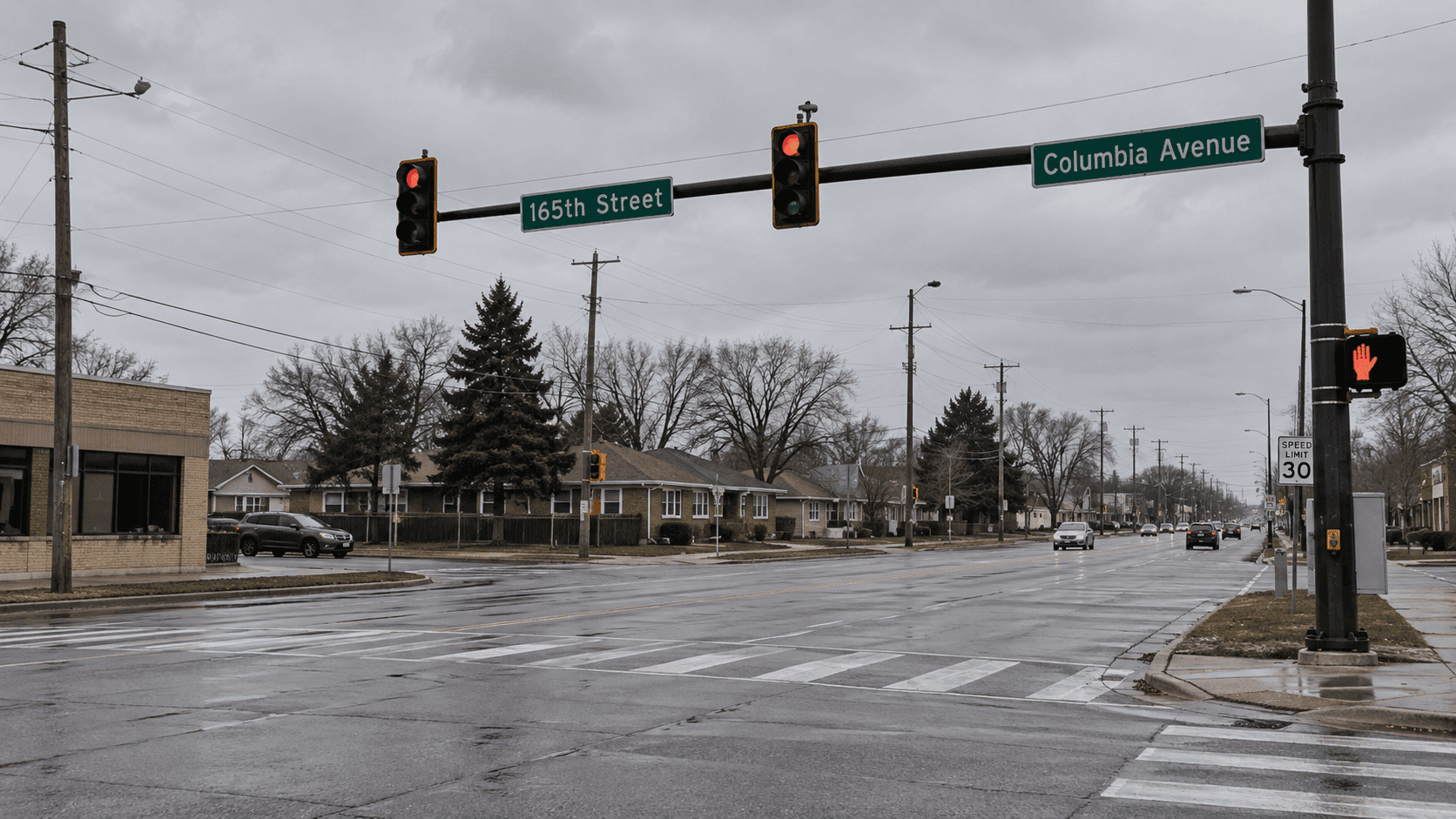 Intersection streetscape in Hammond, Lake County, representing reporting about the fatal crash at 165th Street and Columbia Avenue.