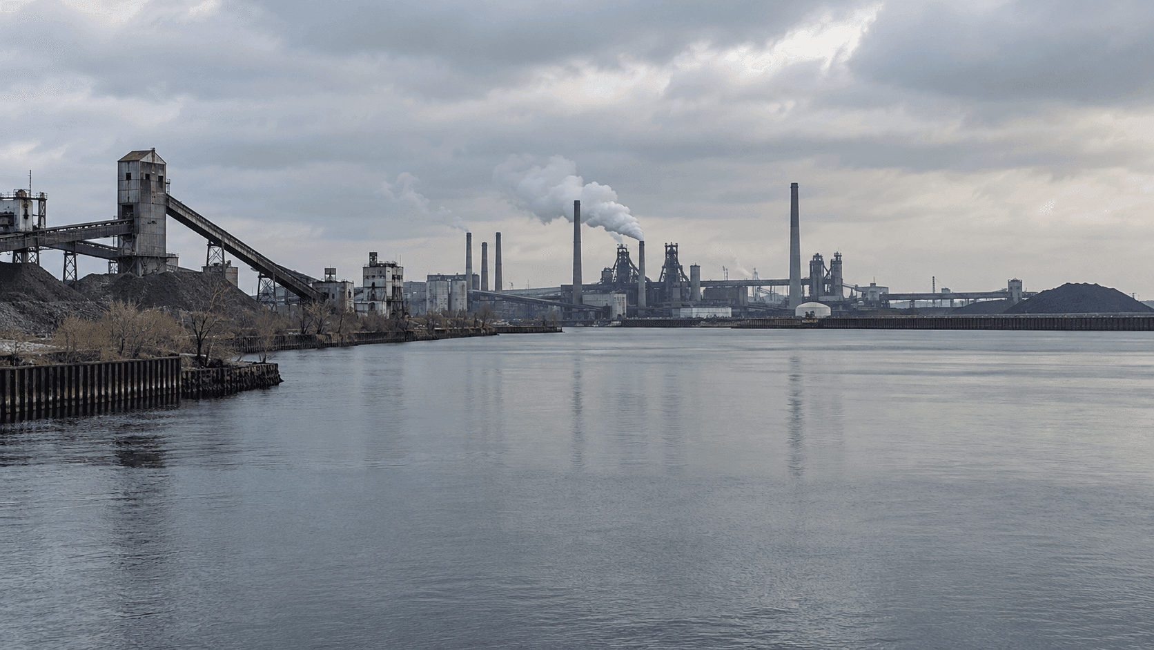 Wide view of the industrial shoreline near Buffington Harbor in Gary, Lake County, where a fatal vehicle-in-water incident was reported.