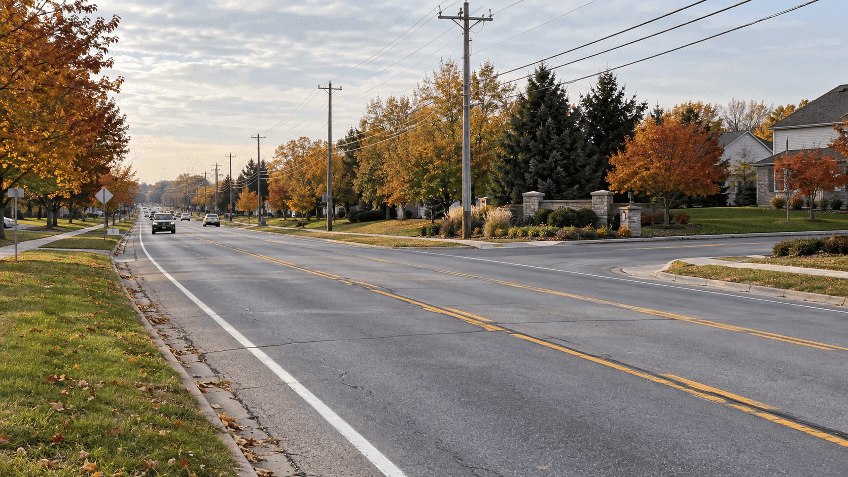 Carretera suburbana e intersección con una calle lateral en Noblesville, Hamilton County, que representan el área del choque mortal de motocicleta en 141st Street y Catalina Drive.