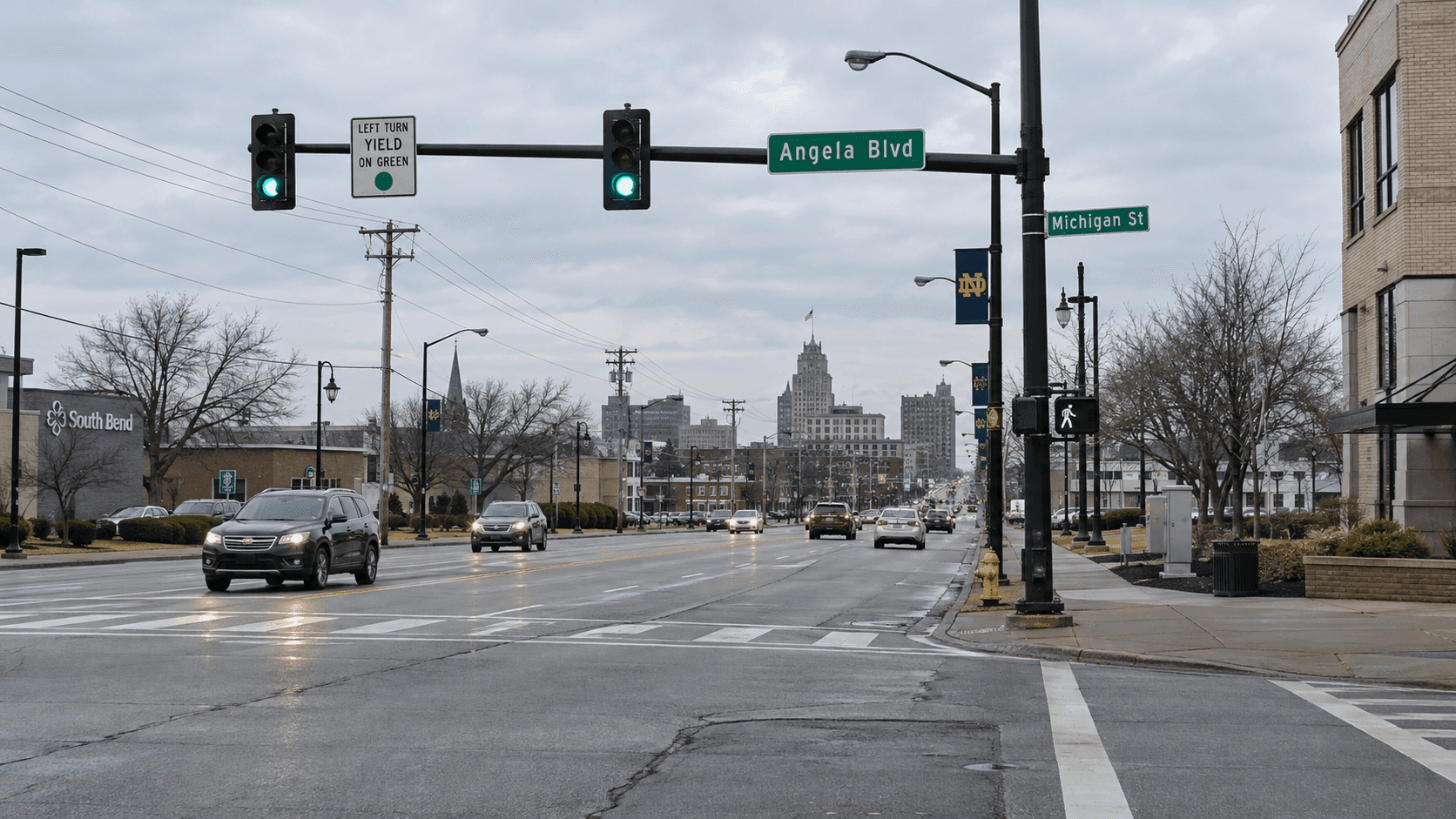 Intersection area near Angela Boulevard and Michigan Street in South Bend, where the January 2026 fatal shooting described in the article occurred.
