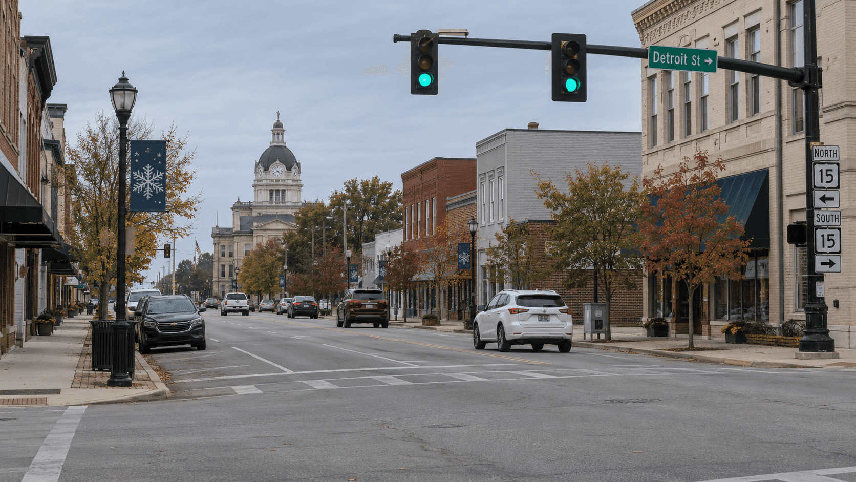 Daytime city intersection in Warsaw, Kosciusko County, illustrating the setting of a reported motorcycle and car crash at Buffalo Street and Prairie Street.