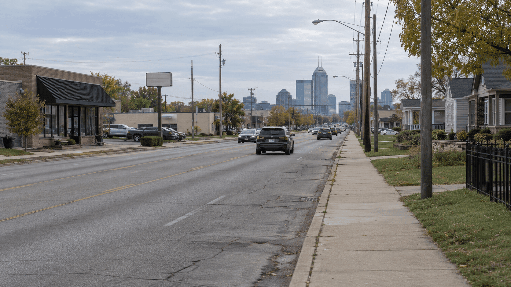 East 46th Street streetscape in Indianapolis, where a fatal two-vehicle crash remains under investigation.