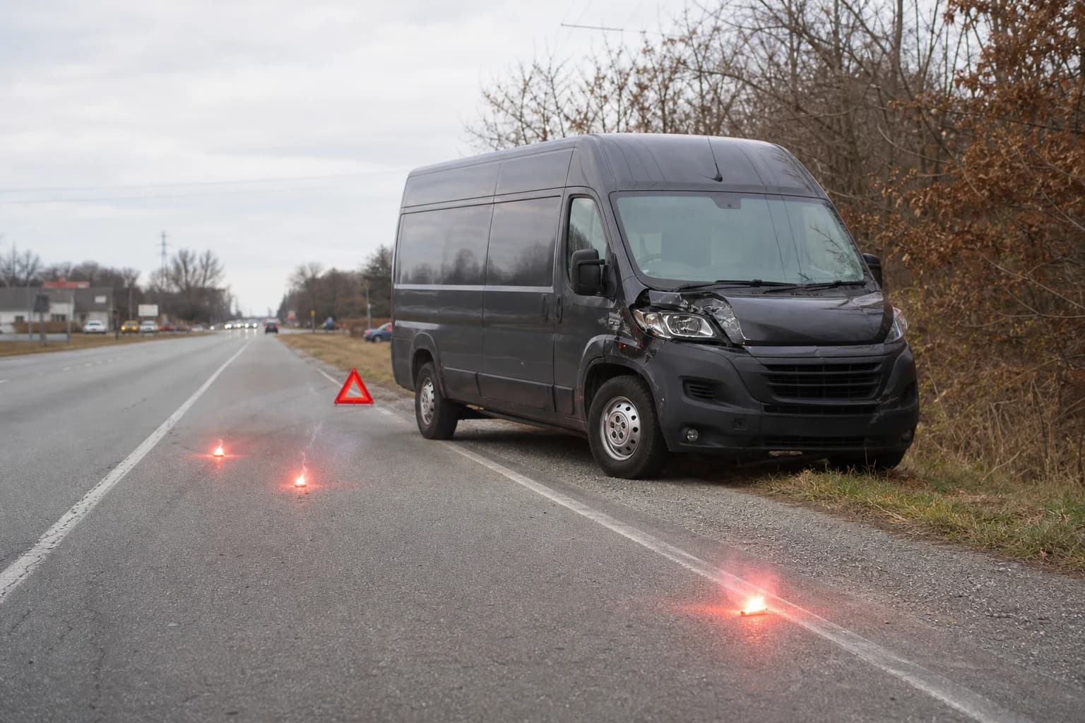 Damaged dark-colored delivery cargo van pulled to the shoulder of a Fort Wayne suburban street at twilight after a collision, three red roadside flares burning — the scene a Fort Wayne Amazon delivery accident attorney preserves on day one