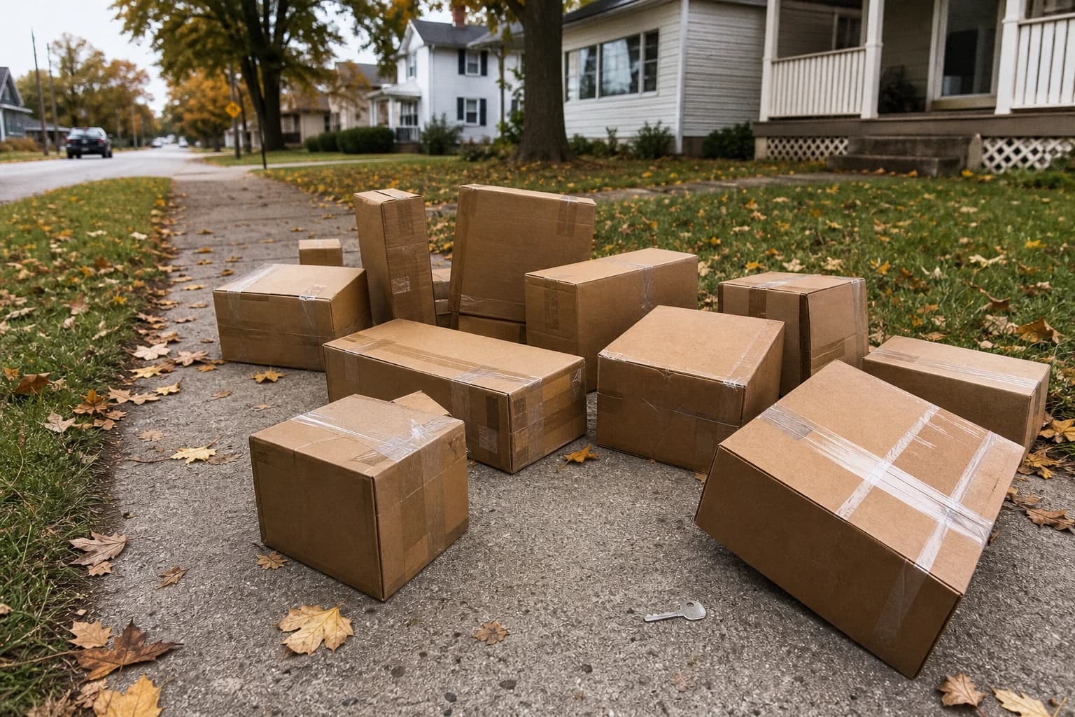 Brown cardboard delivery parcels scattered across a Fort Wayne residential sidewalk after a pedestrian-impact incident — the physical evidence pattern an Indiana Amazon delivery accident lawyer documents in pedestrian cases