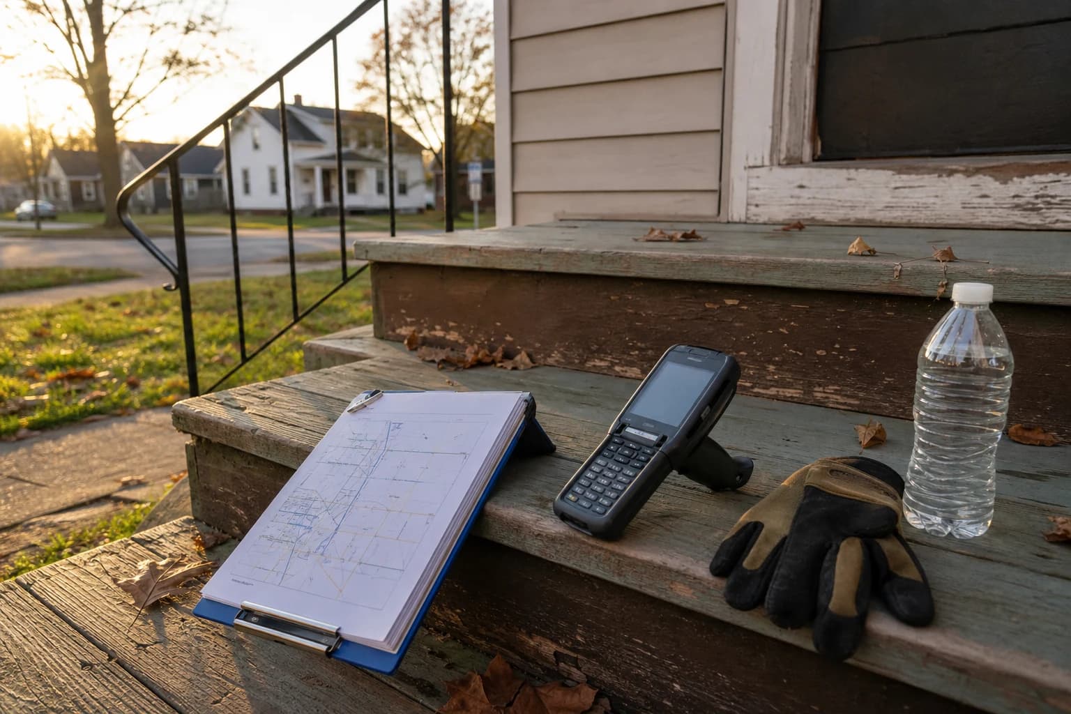 Delivery driver clipboard with a route sheet, handheld package scanner, and work gloves on a Fort Wayne front porch — the route-pressure environment behind most Amazon DSP accidents