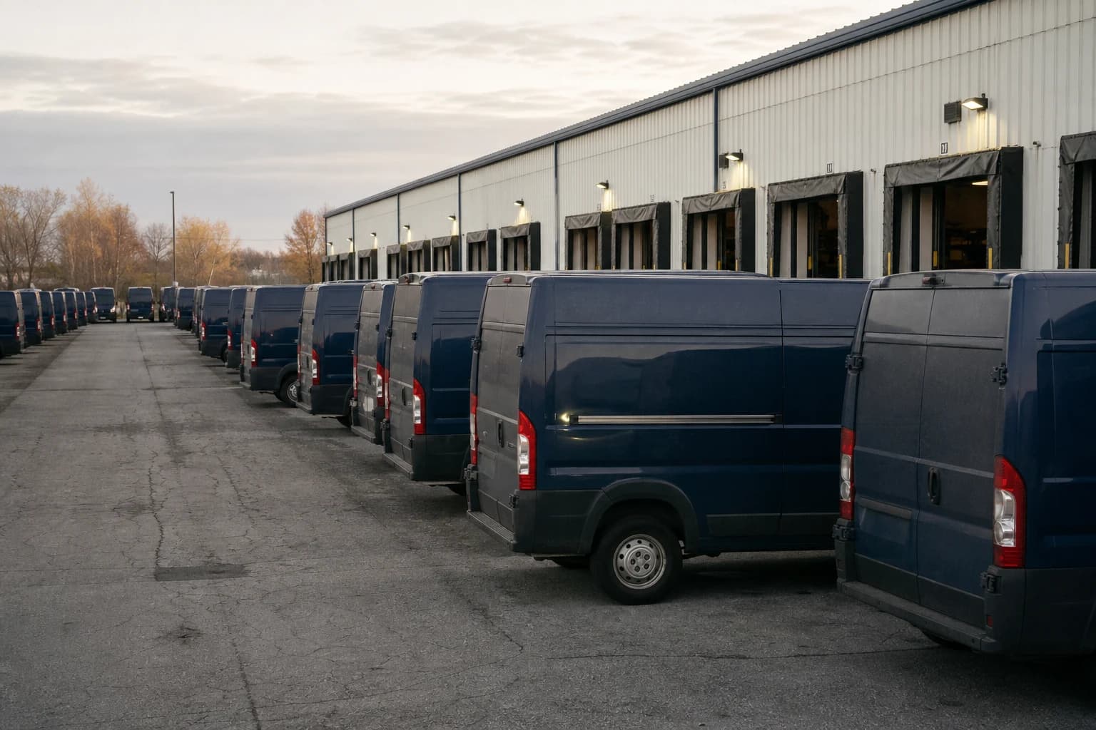 Delivery-service depot loading bay at dawn with three rows of identical dark-blue cargo vans backed up to a long warehouse — the DSP operations behind every Fort Wayne Amazon delivery accident claim