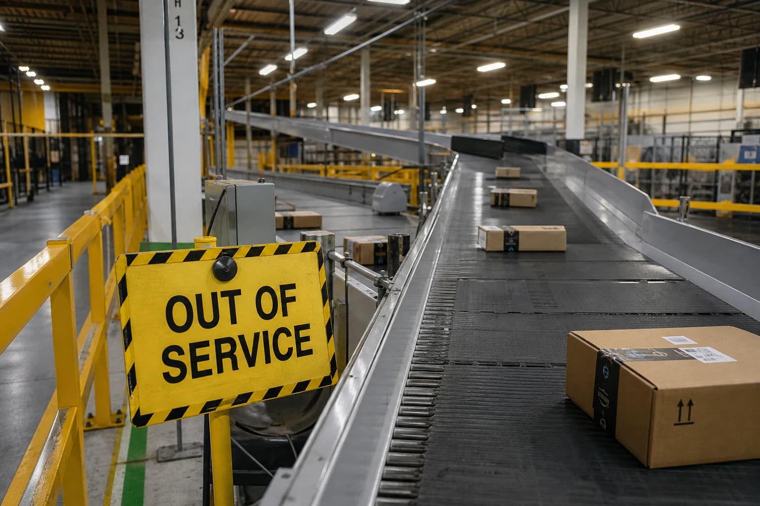 Industrial conveyor belt sorter inside an Amazon-style fulfillment warehouse stopped mid-run with cardboard parcels paused and a yellow OUT OF SERVICE caution sign — the kind of equipment a Fort Wayne Amazon warehouse injury attorney investigates for third-party manufacturer liability