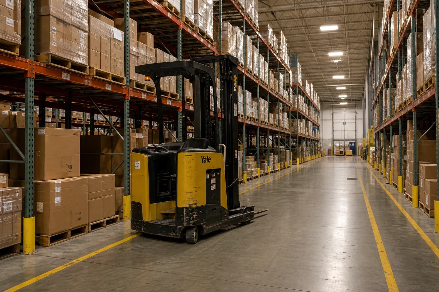 Empty Amazon-style fulfillment warehouse aisle with tall industrial shelving racks, a yellow electric forklift, and yellow safety lines on the polished concrete floor — the layout that drives forklift and PIT incidents in Indiana Amazon warehouse cases