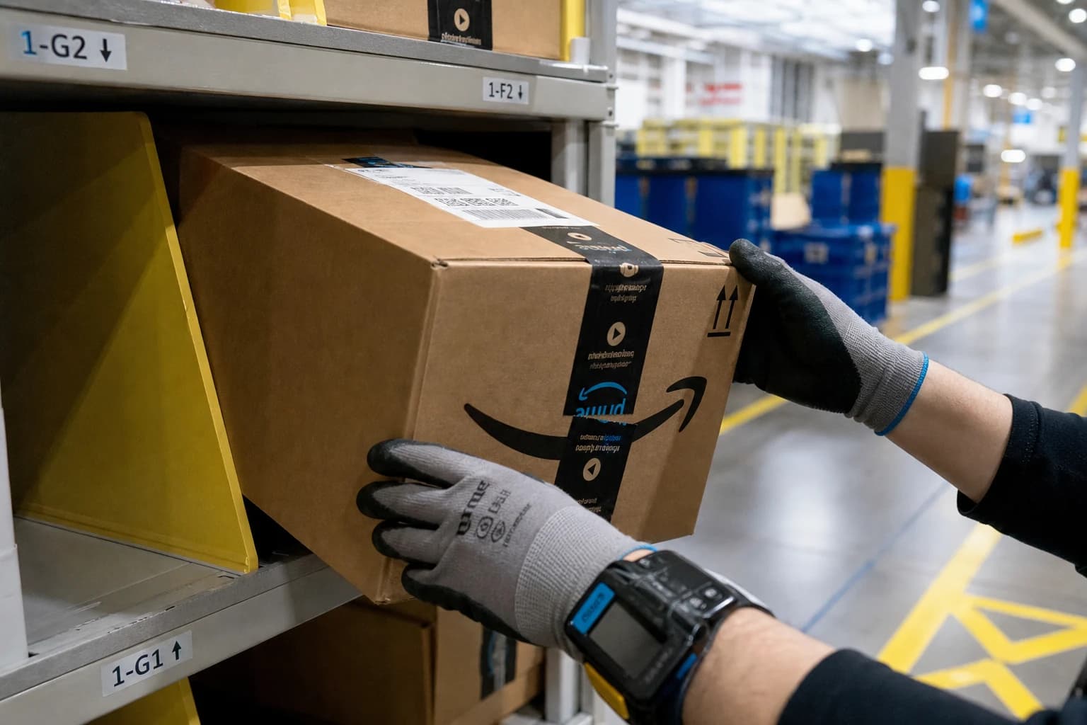 Worker's gloved hands lifting a heavy brown cardboard parcel from a pick station at an Amazon-style warehouse with a barcode scanner on a wrist strap — the rate-pressured lifting that drives most Indiana Amazon warehouse musculoskeletal injuries