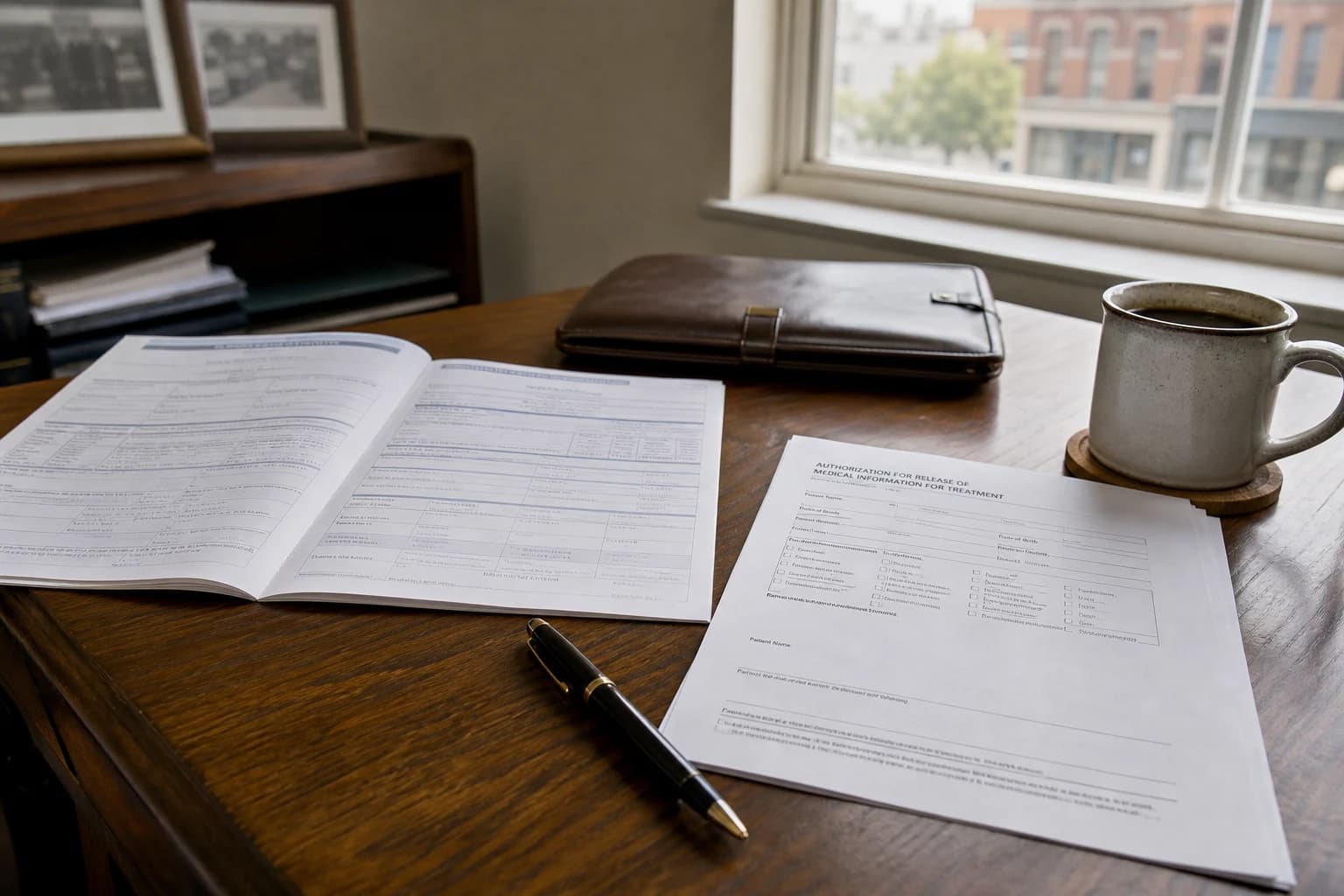 Indiana Worker's Compensation Board form open on a Fort Wayne attorney's desk with a printed medical-treatment authorization, a fountain pen, and a coffee mug — the paperwork a Fort Wayne Amazon warehouse injury lawyer files in every comp claim