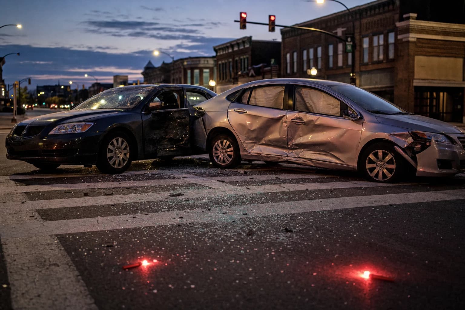 Fort Wayne car accident at a city intersection at dusk — a multi-vehicle T-bone with side-impact damage, broken safety glass, and police flares on the pavement. The kind of intersection crash that fills our Allen County caseload.