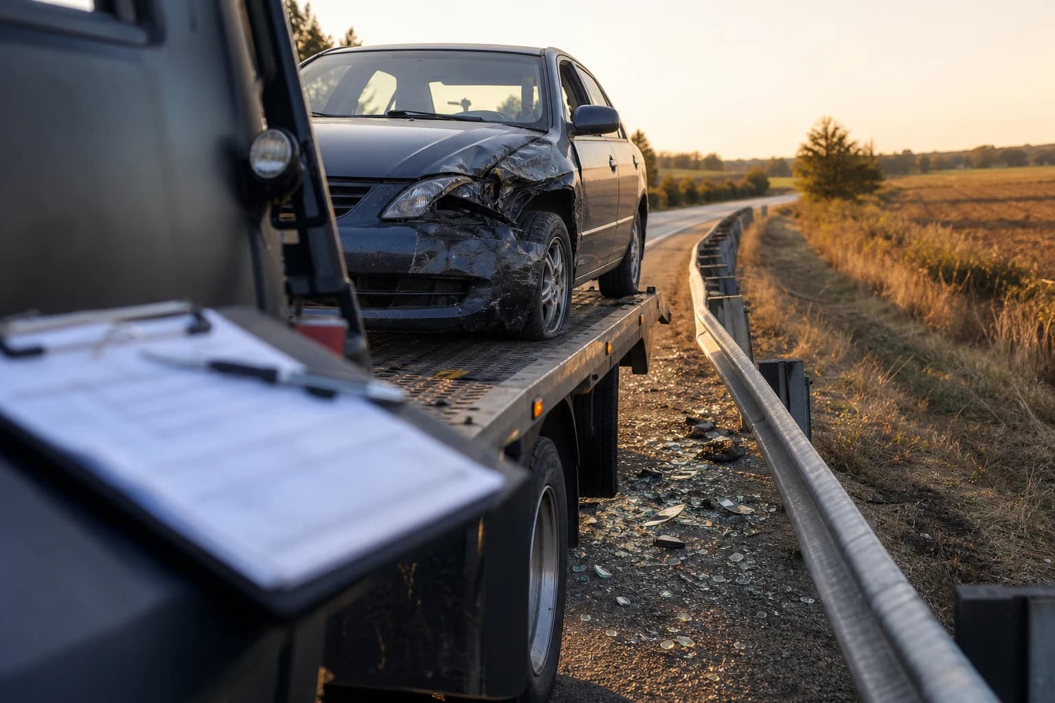 Fort Wayne car accident aftermath — a flatbed tow truck loading a totaled sedan against a steel highway guardrail on a rural Indiana road at golden hour. Tow records and the driver's clipboard become evidence in every Indiana crash claim.