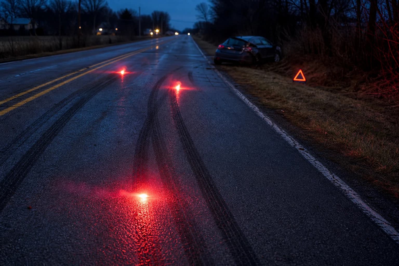 Long black skid marks across a Fort Wayne two-lane road at twilight with red roadside flares burning — physical evidence of speed and reaction time that a Fort Wayne car accident attorney preserves in the first 48 hours.