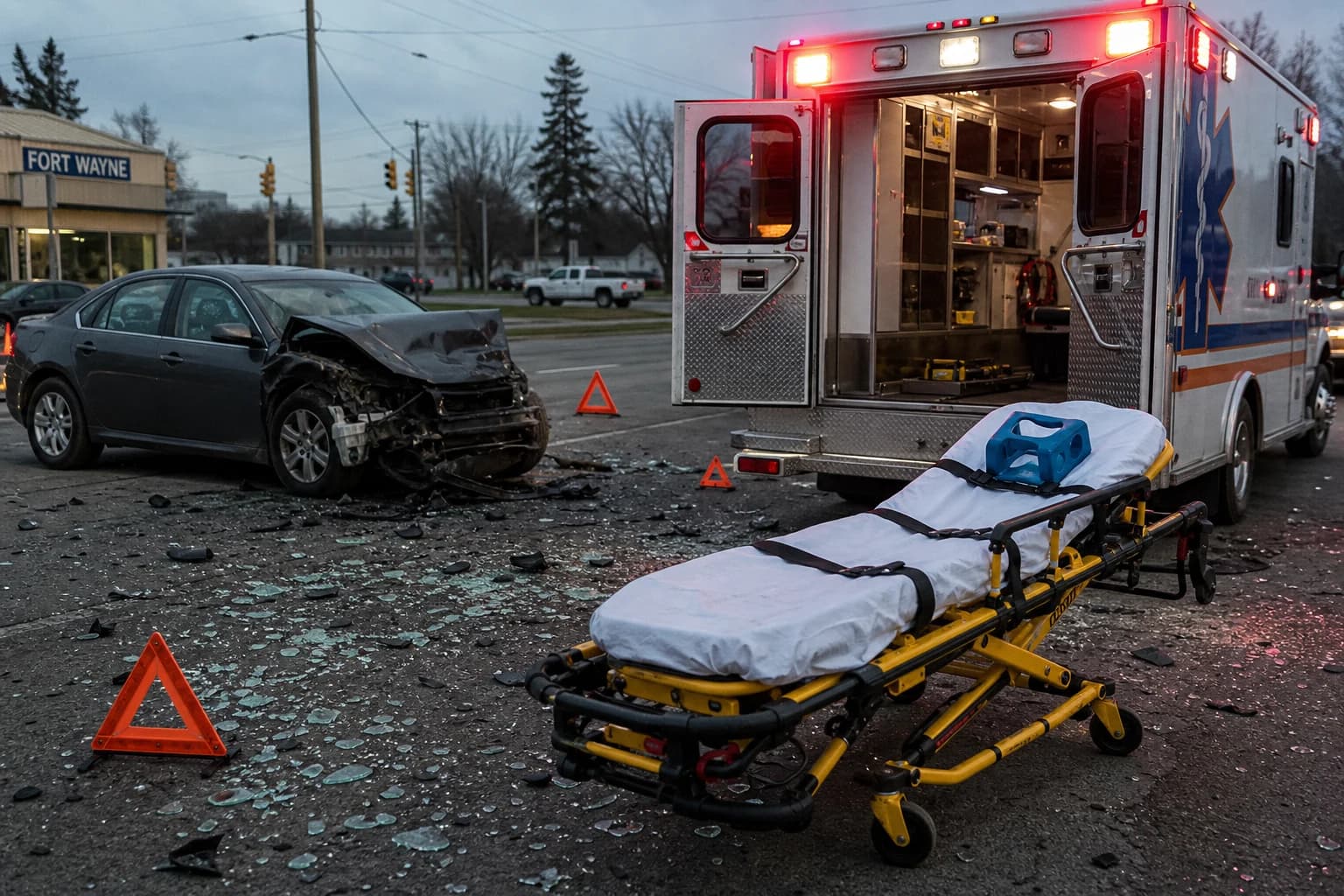 EMS response at a Fort Wayne car accident scene at twilight — ambulance with rear doors open and red lights flashing, an empty wheeled gurney with a cervical collar, and scattered safety triangles. The medical timeline starts the moment the first responder arrives.