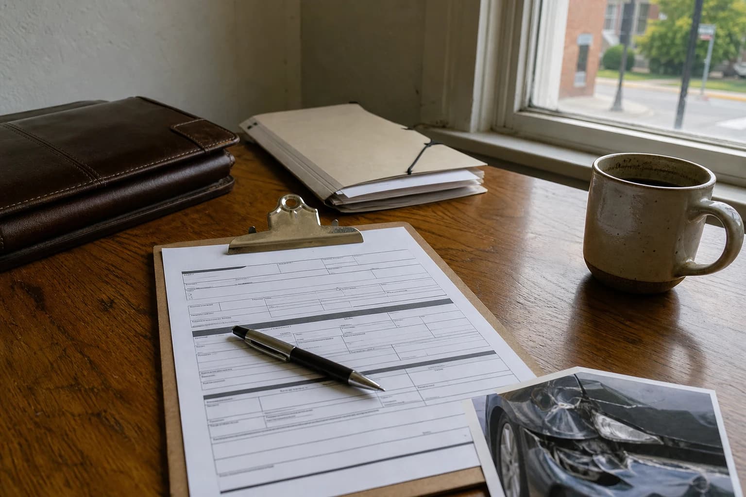 An Indiana car-insurance adjuster's clipboard on a Fort Wayne car accident lawyer's desk — printed claim form, a leather portfolio, and the corner of a damaged-vehicle photo. The day the claim opens is the day the carrier starts looking for ways to underpay it.