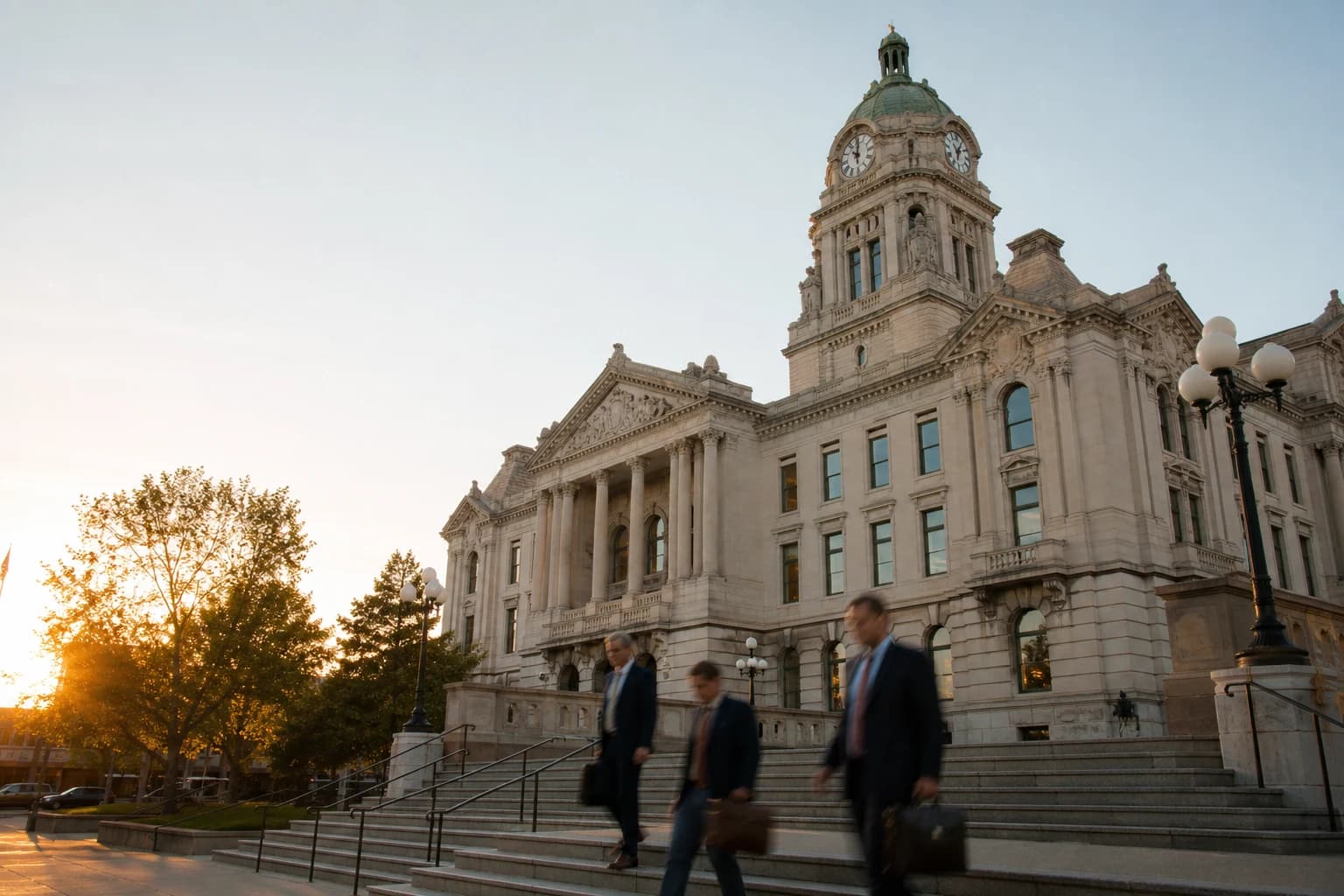 The Allen County Courthouse in Fort Wayne, Indiana at golden hour with its Beaux-Arts limestone facade and copper-clad clock tower — where Fort Wayne car accident lawsuits are filed, mediated, and tried.