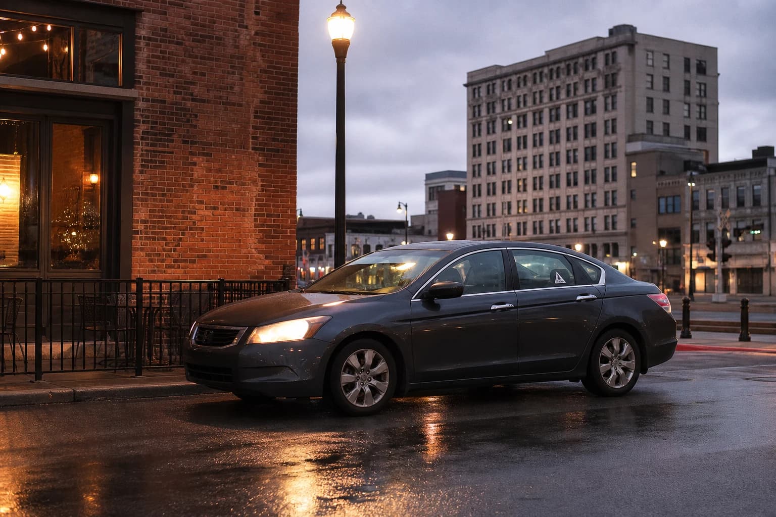 Dark-gray four-door sedan with a small rideshare window decal idling at a Fort Wayne downtown curbside pickup zone at twilight — the everyday scene of most Allen County Uber and Lyft pickup-and-drop incidents our Fort Wayne attorneys handle