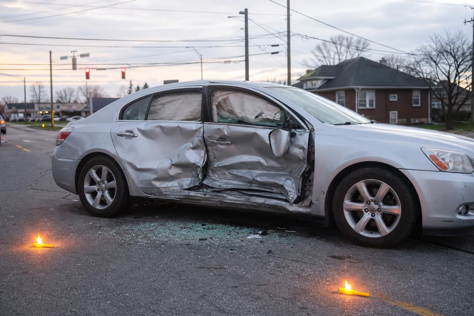 Silver four-door sedan with significant side-impact damage on the passenger side after a Fort Wayne intersection collision — the scene a Fort Wayne Uber and Lyft accident attorney photographs in the first 24 hours of every case