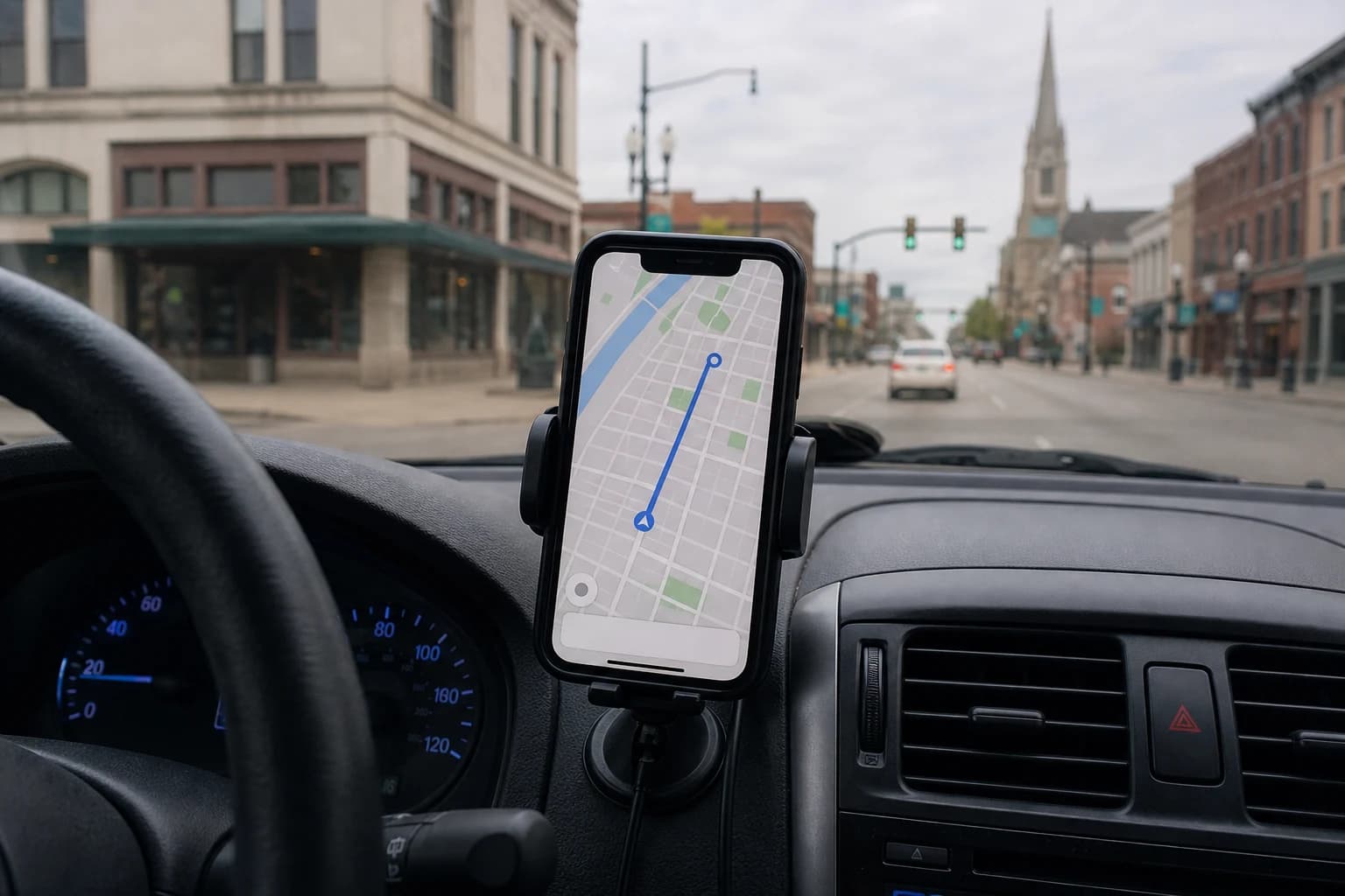 Smartphone mounted on a car dashboard inside a rideshare sedan at night with a generic map navigation interface on the screen — the rideshare app data a Fort Wayne Uber and Lyft accident lawyer subpoenas within 48 hours of every crash