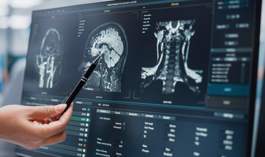 A medical professional indicates at a group of neck and head x-rays on a computer.