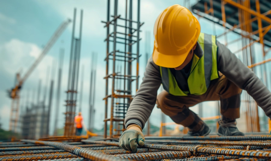 A construction worker lays rebar at a construction site.