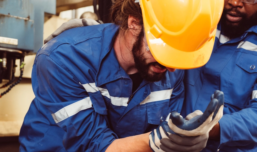A factory worker holds his hand in pain as a colleague attends to him.