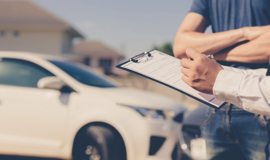 A man fills out a form for a man whose arms are crossed while standing in front of his car.