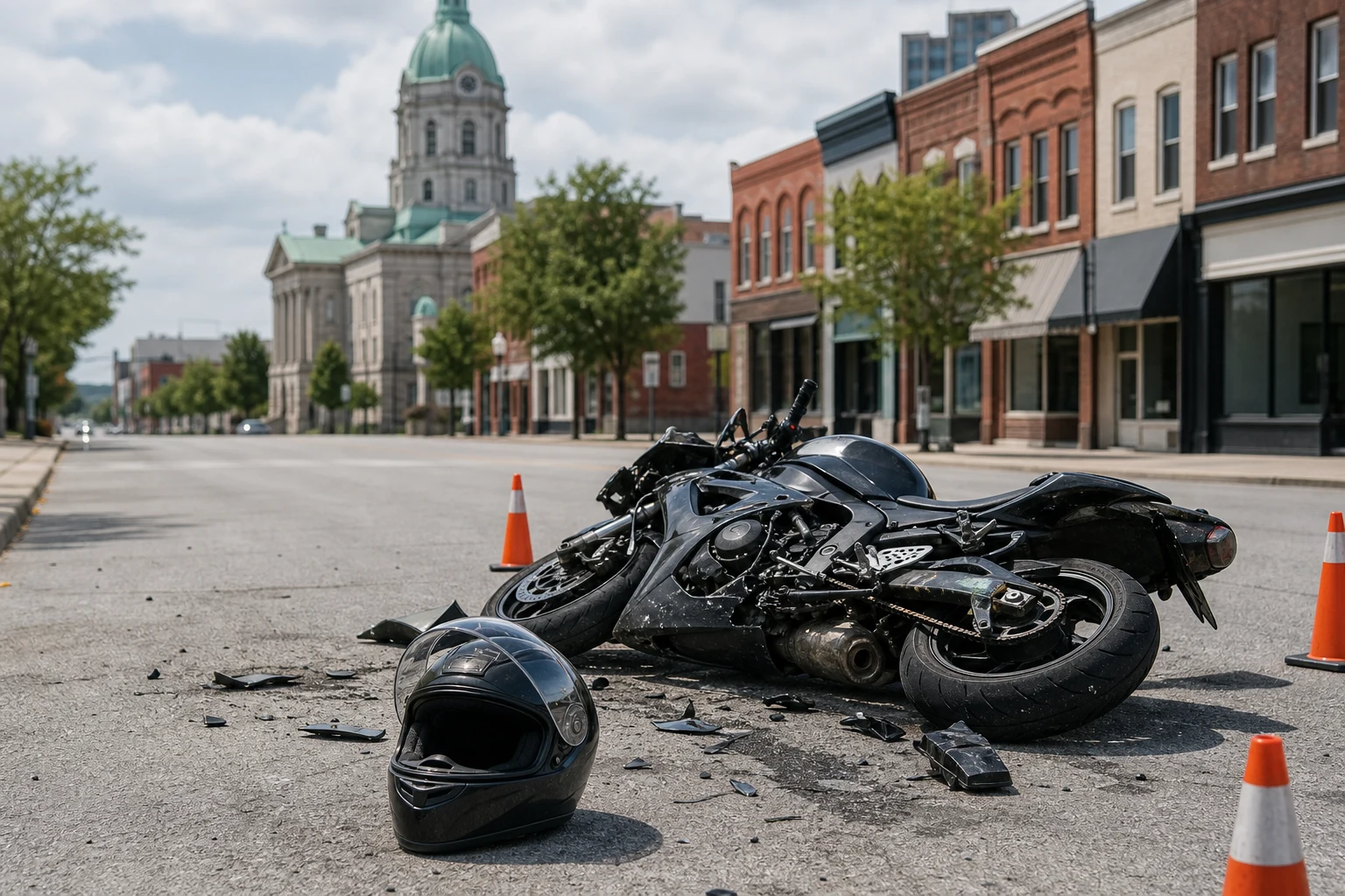 A damaged motorcycle lays on its side in the road.